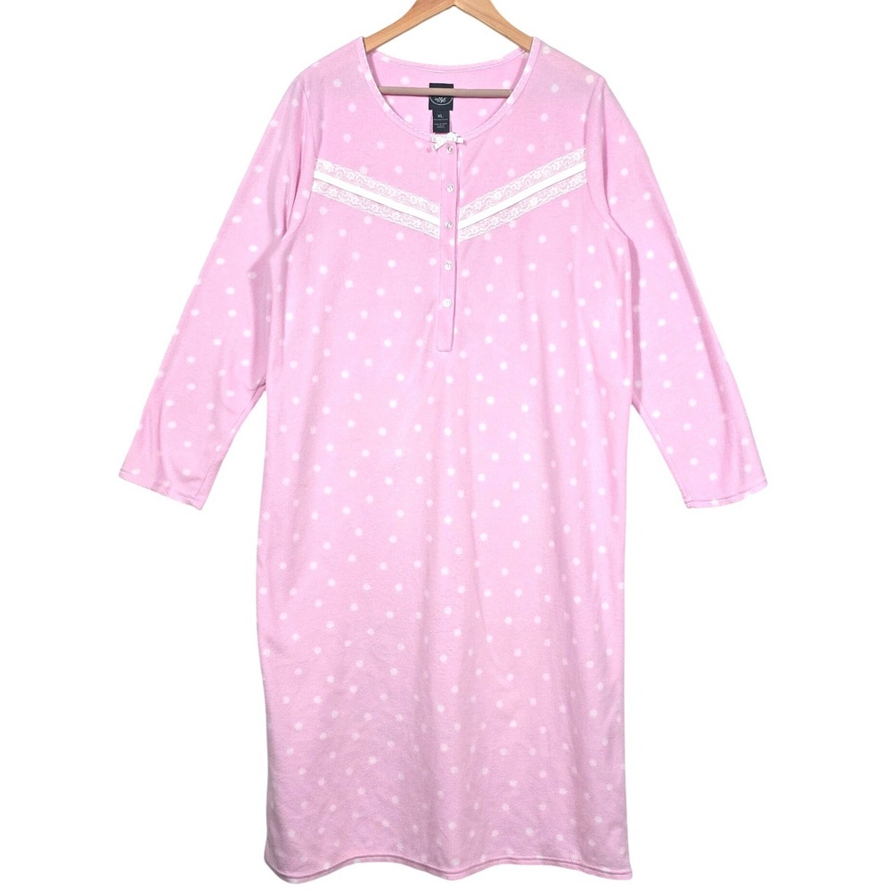 Laura Ashley Fleece Nightgown Womens XL‎ Pink Polka Dot Lace Trim Soft Trad Wife